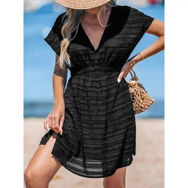 imageCUPSHE Womens Swim Cover Up Dress V Neck Textured Striped Short Sleeve Cover Ups Casual Beach SummerBlack