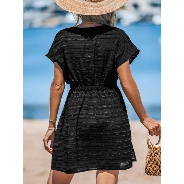 imageCUPSHE Womens Swim Cover Up Dress V Neck Textured Striped Short Sleeve Cover Ups Casual Beach SummerBlack