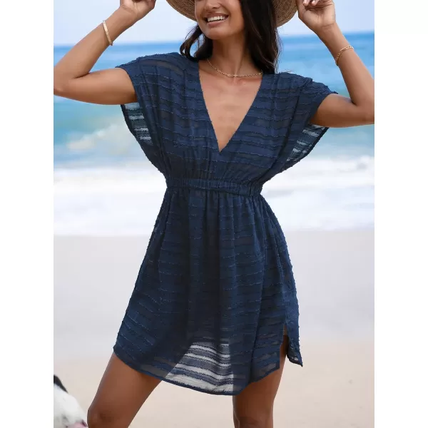 imageCUPSHE Womens Swim Cover Up Dress V Neck Textured Striped Short Sleeve Cover Ups Casual Beach SummerDark Blue