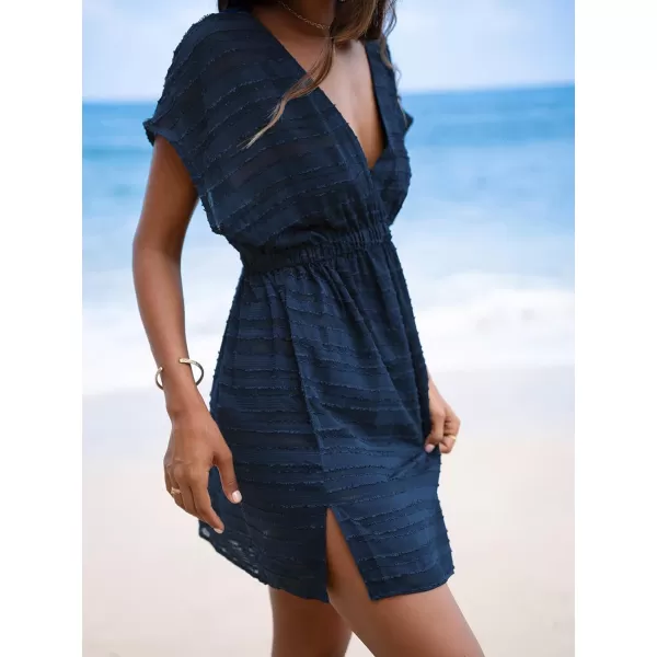imageCUPSHE Womens Swim Cover Up Dress V Neck Textured Striped Short Sleeve Cover Ups Casual Beach SummerDark Blue