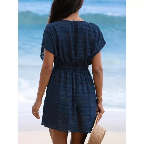 imageCUPSHE Womens Swim Cover Up Dress V Neck Textured Striped Short Sleeve Cover Ups Casual Beach SummerDark Blue