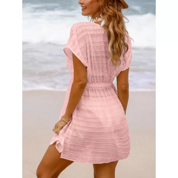 imageCUPSHE Womens Swim Cover Up Dress V Neck Textured Striped Short Sleeve Cover Ups Casual Beach SummerLight Pink