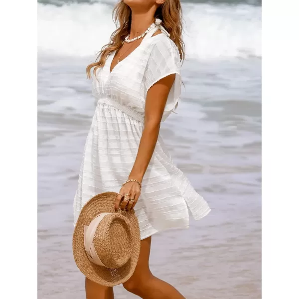 imageCUPSHE Womens Swim Cover Up Dress V Neck Textured Striped Short Sleeve Cover Ups Casual Beach SummerWhite