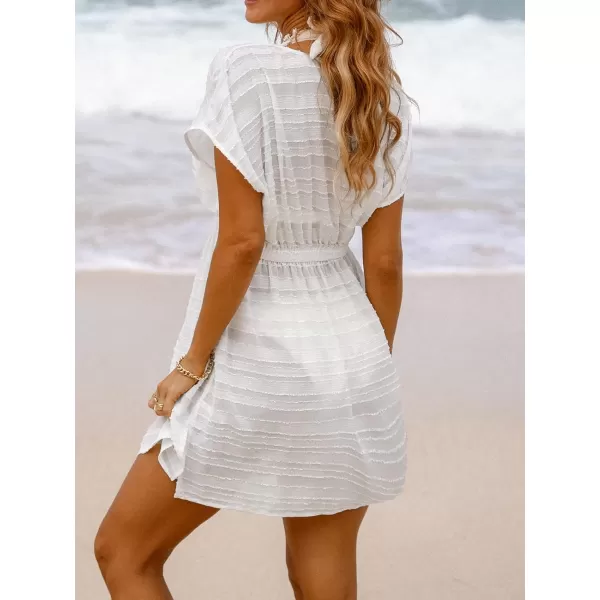 imageCUPSHE Womens Swim Cover Up Dress V Neck Textured Striped Short Sleeve Cover Ups Casual Beach SummerWhite