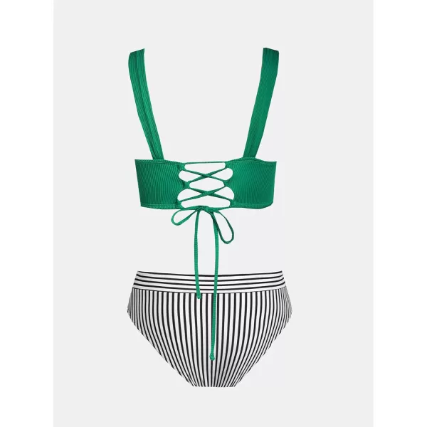 imageCUPSHE Womens Swimsuit Bikini Sets Mid Rise Back Tie Lace Up Wide Straps Underwire CupsGreen Stripes