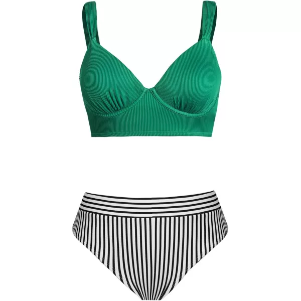 imageCUPSHE Womens Swimsuit Bikini Sets Mid Rise Back Tie Lace Up Wide Straps Underwire CupsGreen Stripes