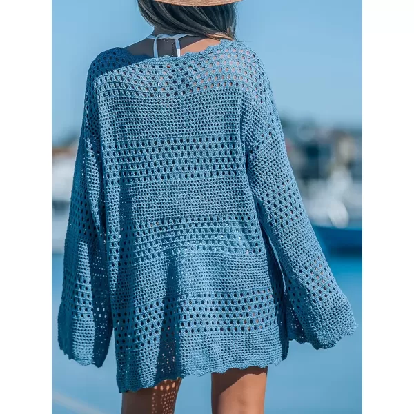 imageCUPSHE Womens Swimsuit Cover Up Crochet Bathing Suit Mesh Swimwear Knit Pullover Beach DressBlue