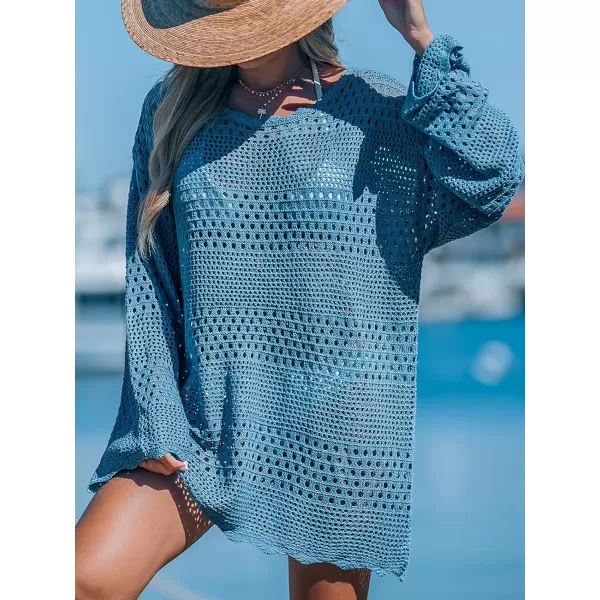 imageCUPSHE Womens Swimsuit Cover Up Crochet Bathing Suit Mesh Swimwear Knit Pullover Beach DressBlue