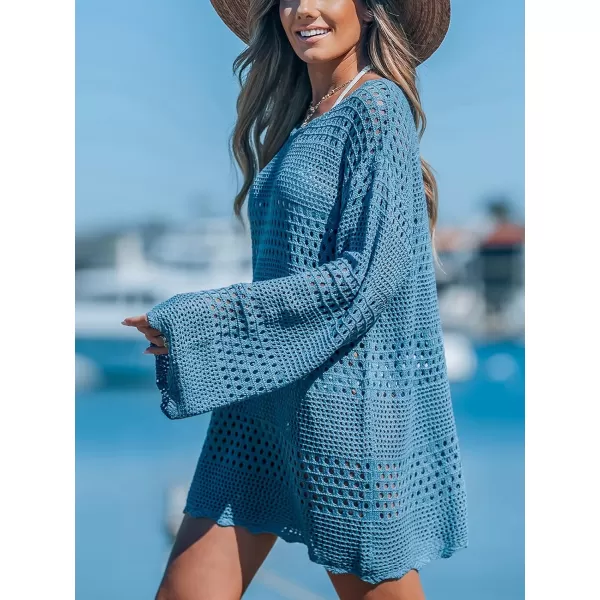 imageCUPSHE Womens Swimsuit Cover Up Crochet Bathing Suit Mesh Swimwear Knit Pullover Beach DressBlue
