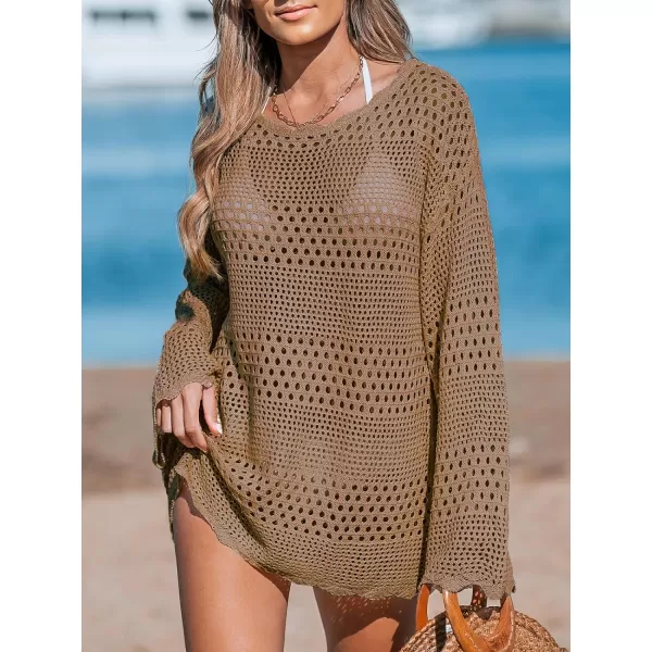 imageCUPSHE Womens Swimsuit Cover Up Crochet Bathing Suit Mesh Swimwear Knit Pullover Beach DressBrown