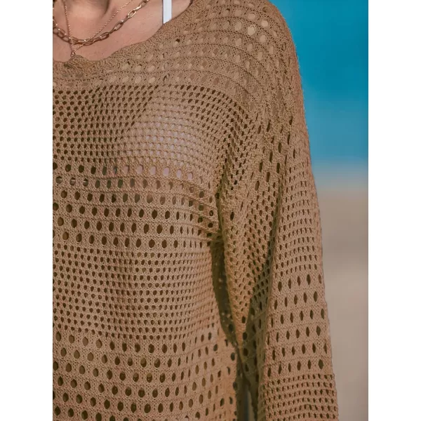 imageCUPSHE Womens Swimsuit Cover Up Crochet Bathing Suit Mesh Swimwear Knit Pullover Beach DressBrown