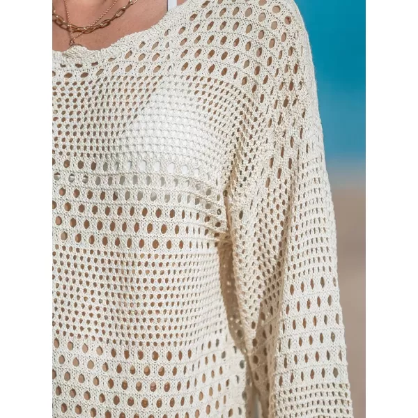 imageCUPSHE Womens Swimsuit Cover Up Crochet Bathing Suit Mesh Swimwear Knit Pullover Beach DressOffwhite