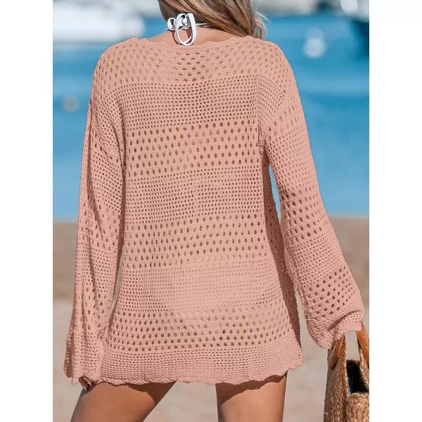 imageCUPSHE Womens Swimsuit Cover Up Crochet Bathing Suit Mesh Swimwear Knit Pullover Beach DressPink
