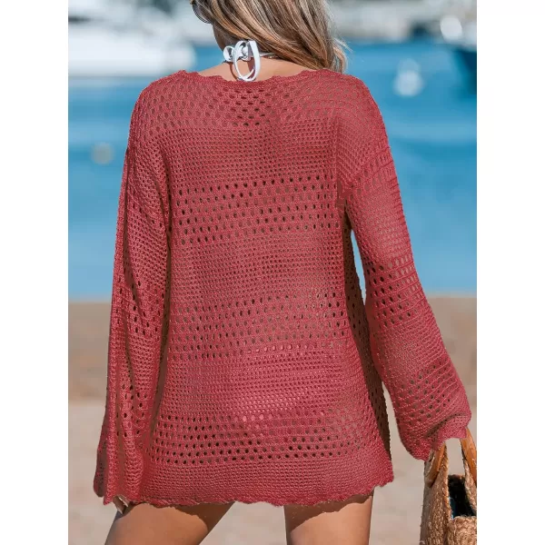 imageCUPSHE Womens Swimsuit Cover Up Crochet Bathing Suit Mesh Swimwear Knit Pullover Beach DressRed