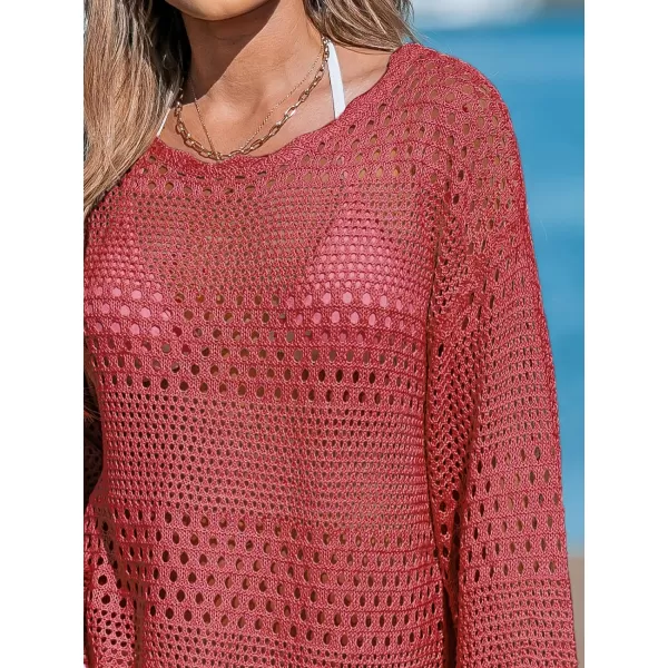 imageCUPSHE Womens Swimsuit Cover Up Crochet Bathing Suit Mesh Swimwear Knit Pullover Beach DressRed