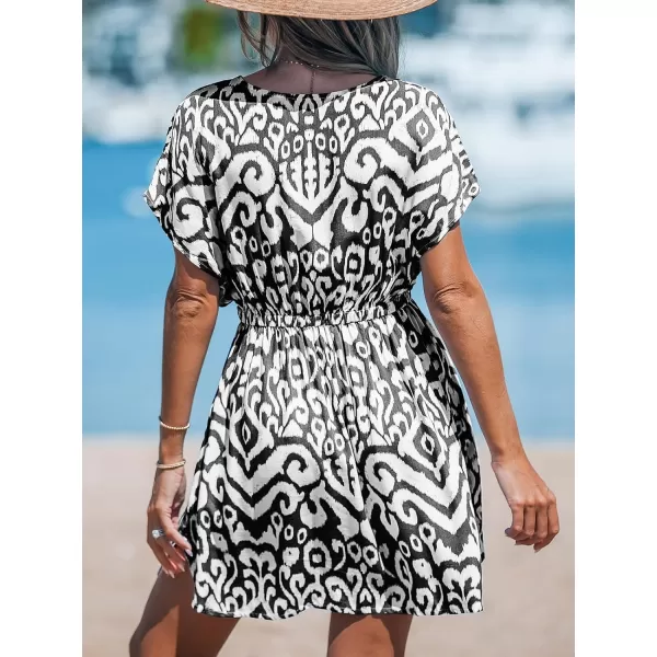 imageCUPSHE Womens Swimsuit Cover Up Dress Short Sleeve Casual Tropical Print 2024 Beach DressesBlack Geometric