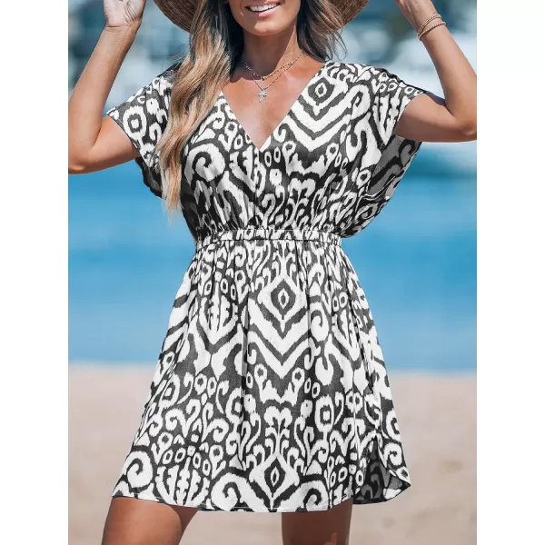 imageCUPSHE Womens Swimsuit Cover Up Dress Short Sleeve Casual Tropical Print 2024 Beach DressesBlack Geometric