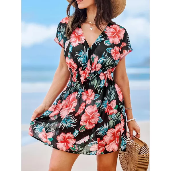 imageCUPSHE Womens Swimsuit Cover Up Dress Short Sleeve Casual Tropical Print 2024 Beach DressesBlackred Floral