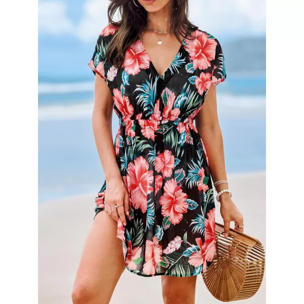 imageCUPSHE Womens Swimsuit Cover Up Dress Short Sleeve Casual Tropical Print 2024 Beach DressesBlackred Floral