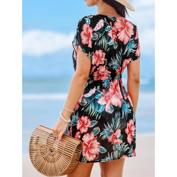 imageCUPSHE Womens Swimsuit Cover Up Dress Short Sleeve Casual Tropical Print 2024 Beach DressesBlackred Floral