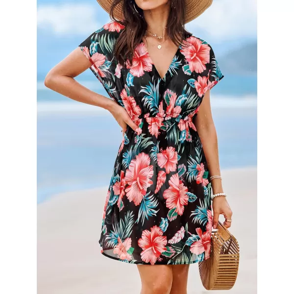 imageCUPSHE Womens Swimsuit Cover Up Dress Short Sleeve Casual Tropical Print 2024 Beach DressesBlackred Floral