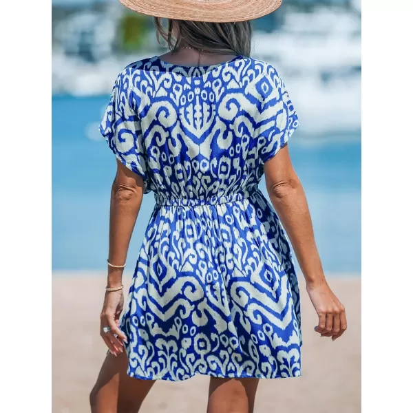 imageCUPSHE Womens Swimsuit Cover Up Dress Short Sleeve Casual Tropical Print 2024 Beach DressesBlue Geometric