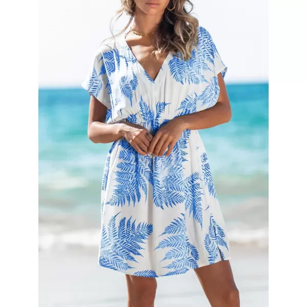 imageCUPSHE Womens Swimsuit Cover Up Dress Short Sleeve Casual Tropical Print 2024 Beach DressesBlue Leaves