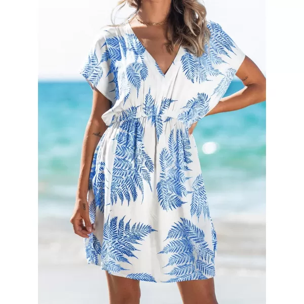 imageCUPSHE Womens Swimsuit Cover Up Dress Short Sleeve Casual Tropical Print 2024 Beach DressesBlue Leaves