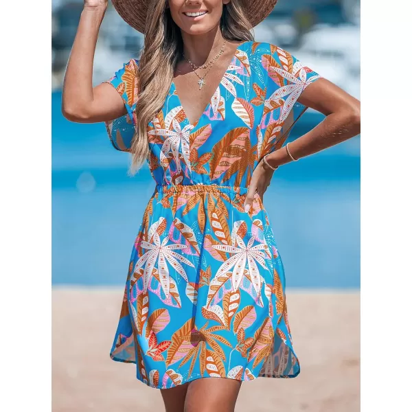 imageCUPSHE Womens Swimsuit Cover Up Dress Short Sleeve Casual Tropical Print 2024 Beach DressesBlue Tropics