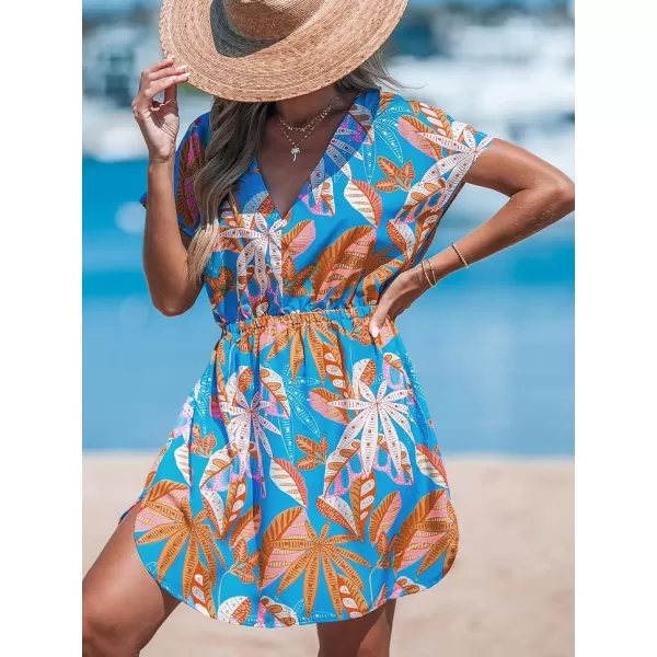 imageCUPSHE Womens Swimsuit Cover Up Dress Short Sleeve Casual Tropical Print 2024 Beach DressesBlue Tropics