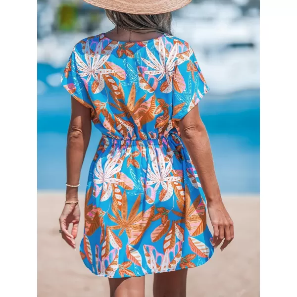 imageCUPSHE Womens Swimsuit Cover Up Dress Short Sleeve Casual Tropical Print 2024 Beach DressesBlue Tropics