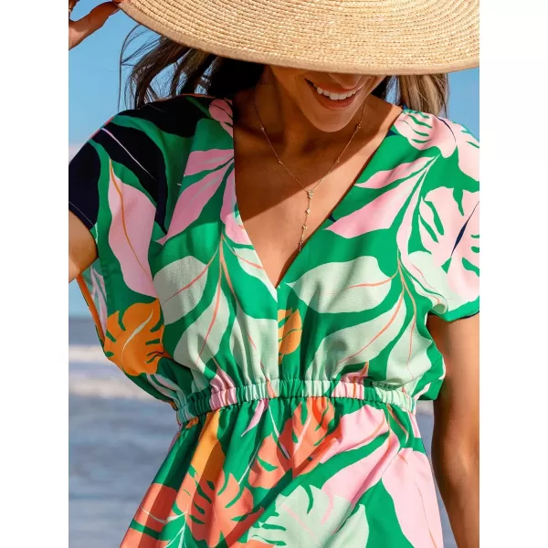 imageCUPSHE Womens Swimsuit Cover Up Dress Short Sleeve Casual Tropical Print 2024 Beach DressesGreen Tropical