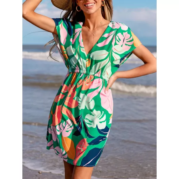 imageCUPSHE Womens Swimsuit Cover Up Dress Short Sleeve Casual Tropical Print 2024 Beach DressesGreen Tropical