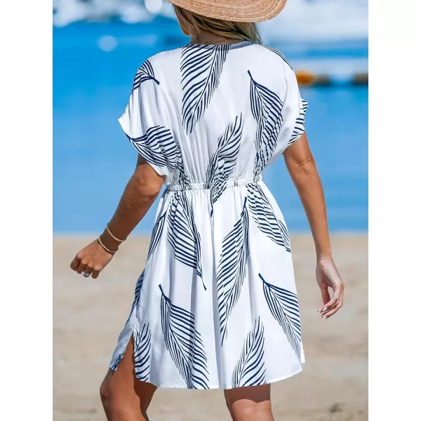 imageCUPSHE Womens Swimsuit Cover Up Dress Short Sleeve Casual Tropical Print 2024 Beach DressesNavy Leaf