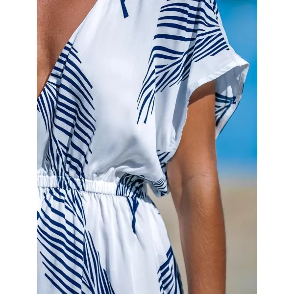 imageCUPSHE Womens Swimsuit Cover Up Dress Short Sleeve Casual Tropical Print 2024 Beach DressesNavy Leaf
