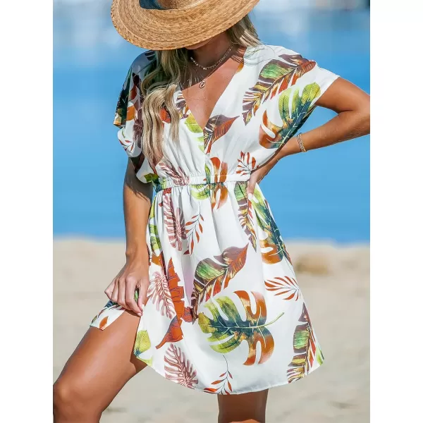 imageCUPSHE Womens Swimsuit Cover Up Dress Short Sleeve Casual Tropical Print 2024 Beach DressesRed Leaf