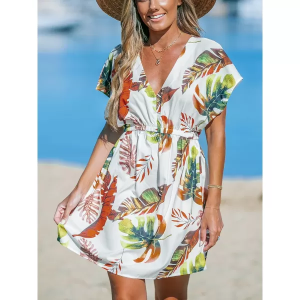 imageCUPSHE Womens Swimsuit Cover Up Dress Short Sleeve Casual Tropical Print 2024 Beach DressesRed Leaf