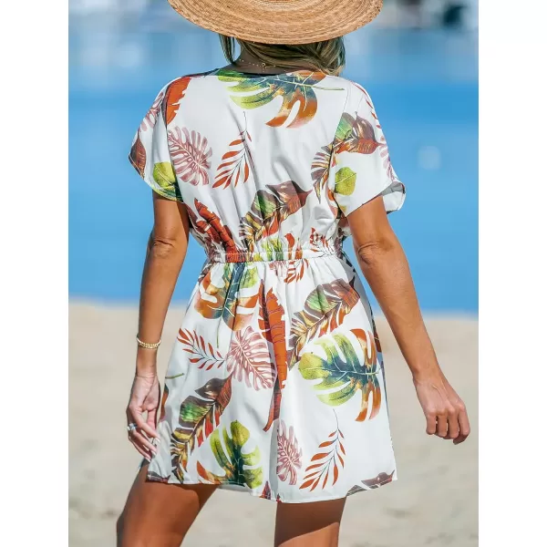 imageCUPSHE Womens Swimsuit Cover Up Dress Short Sleeve Casual Tropical Print 2024 Beach DressesRed Leaf