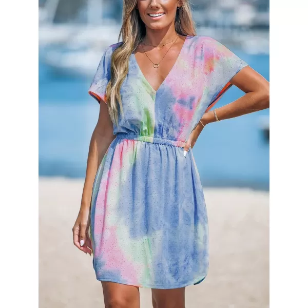 imageCUPSHE Womens Swimsuit Cover Up Dress Short Sleeve Casual Tropical Print 2024 Beach DressesTie Dye