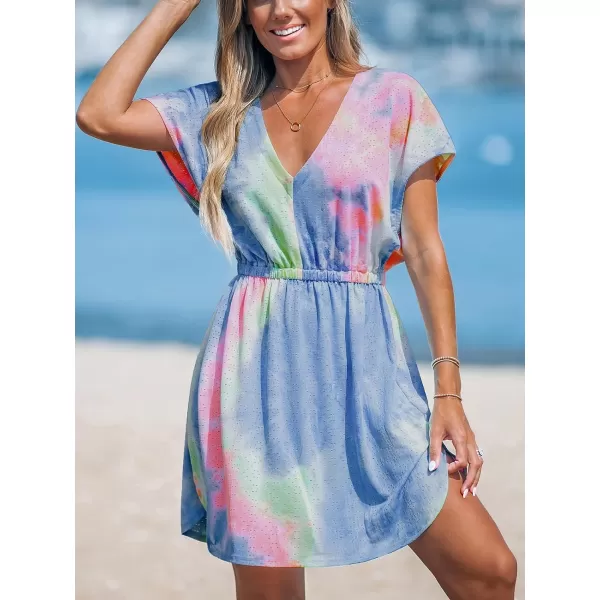 imageCUPSHE Womens Swimsuit Cover Up Dress Short Sleeve Casual Tropical Print 2024 Beach DressesTie Dye