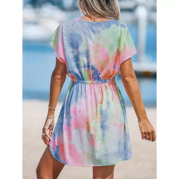 imageCUPSHE Womens Swimsuit Cover Up Dress Short Sleeve Casual Tropical Print 2024 Beach DressesTie Dye