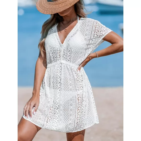 imageCUPSHE Womens Swimsuit Cover Up Dress Short Sleeve Casual Tropical Print 2024 Beach DressesWhite Cutout2