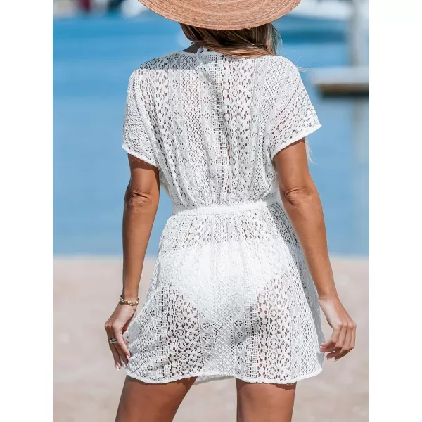 imageCUPSHE Womens Swimsuit Cover Up Dress Short Sleeve Casual Tropical Print 2024 Beach DressesWhite Cutout2