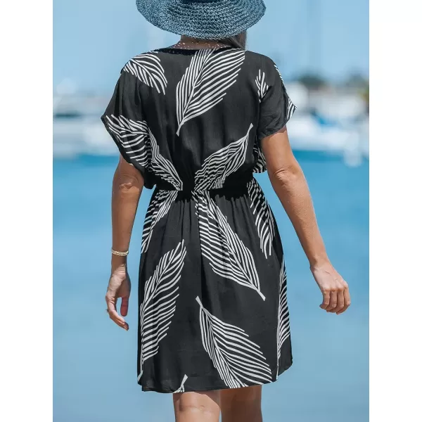 imageCUPSHE Womens Swimsuit Cover Up Dress Short Sleeve Casual Tropical Print 2024 Beach DressesWhite Leaf