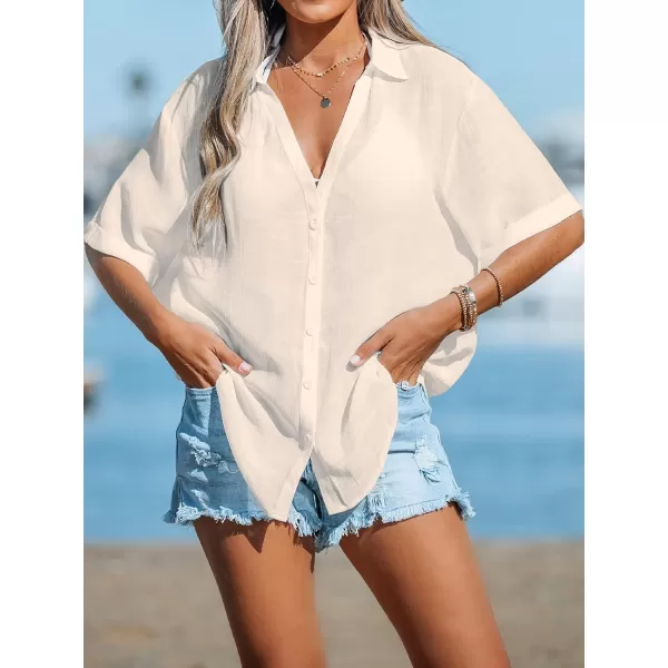 imageCUPSHE Womens Swimsuit Cover Up Half Sleeve Button Down Shirt Cover Ups Bikini Beach Tunic TopsBeige