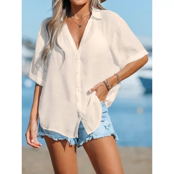 imageCUPSHE Womens Swimsuit Cover Up Half Sleeve Button Down Shirt Cover Ups Bikini Beach Tunic TopsBeige