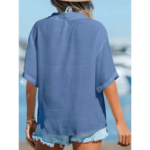 imageCUPSHE Womens Swimsuit Cover Up Half Sleeve Button Down Shirt Cover Ups Bikini Beach Tunic TopsBlue