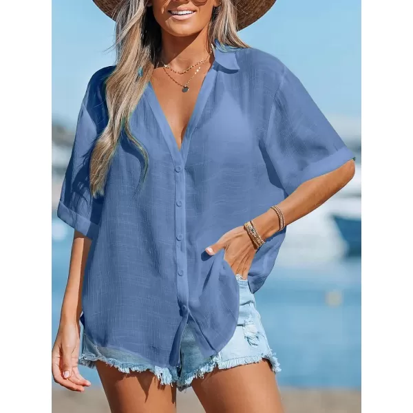 imageCUPSHE Womens Swimsuit Cover Up Half Sleeve Button Down Shirt Cover Ups Bikini Beach Tunic TopsBlue