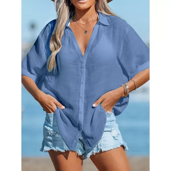 imageCUPSHE Womens Swimsuit Cover Up Half Sleeve Button Down Shirt Cover Ups Bikini Beach Tunic TopsBlue