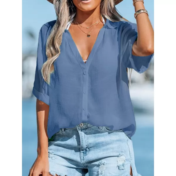 imageCUPSHE Womens Swimsuit Cover Up Half Sleeve Button Down Shirt Cover Ups Bikini Beach Tunic TopsBlue